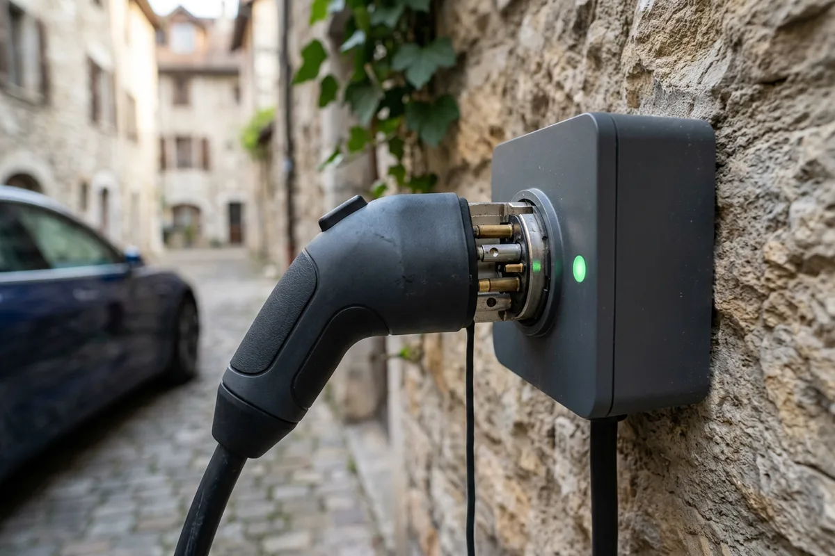 Détail technique d'une wallbox moderne raccordée pour véhicule propre à Valherbasse